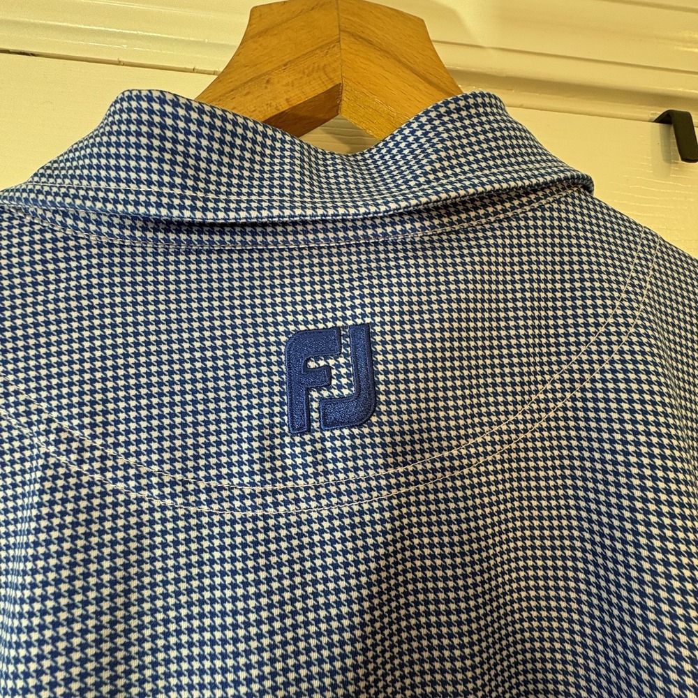 FootJoy Mens XL Blue White Stretch Houndstooth Golf Polo Logo CA28544